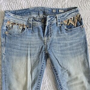 Miss Me Women's Blue beaded and Aztec Stitching design Jeans. Size 28